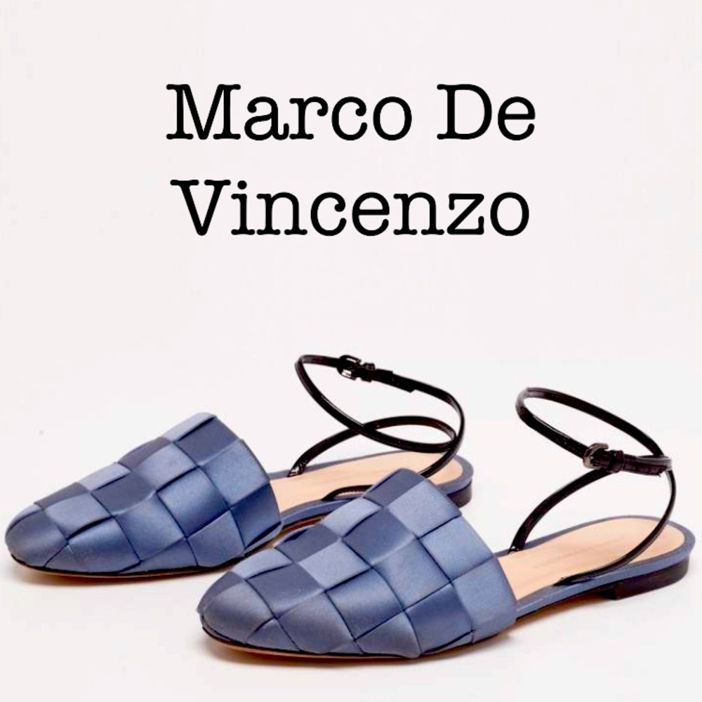 Marco De Vincenzo Blue Satin Weave Ankle Strap Flats Size 37
